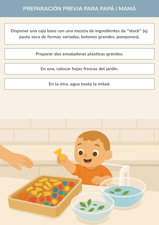 Niño usando torre de aprendizaje mientras realiza la actividad mis mundos sensoriales: jardín y piscina en la cocina.