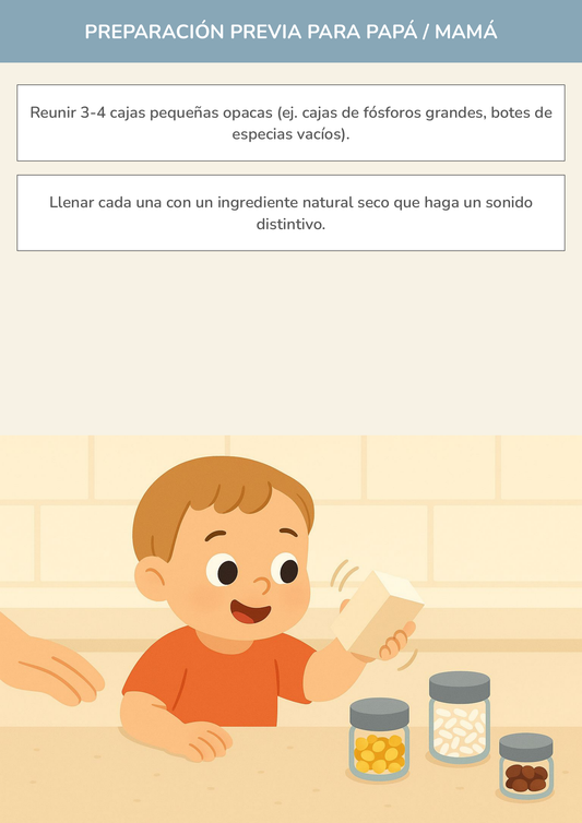 Niño usando torre de aprendizaje mientras realiza la actividad cajas de sonidos con materiales naturales en la cocina.