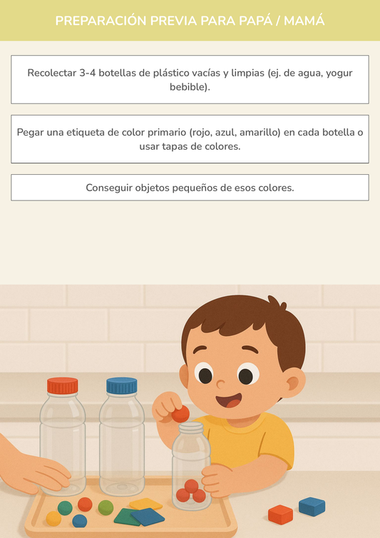 Niño usando torre de aprendizaje mientras realiza la actividad botellas de clasificación de tesoros en la cocina.