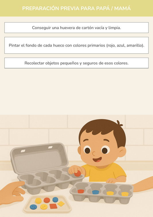 Niño usando torre de aprendizaje mientras realiza la actividad emparejando colores con hueveras en la cocina.