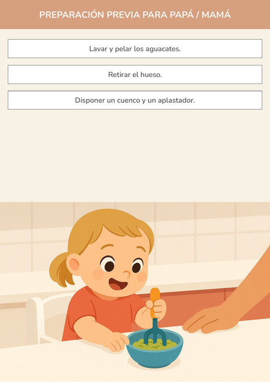 Niño usando torre de aprendizaje mientras realiza la actividad mini-chef de paté de aguacate en la cocina.