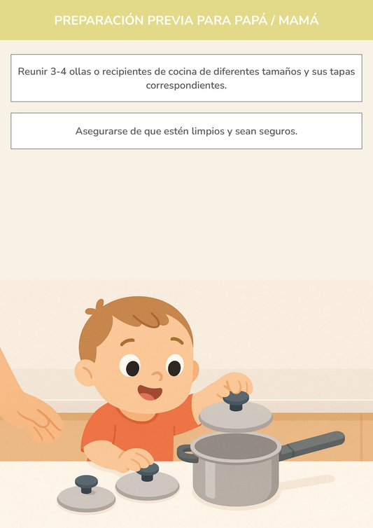 Niño usando torre de aprendizaje mientras realiza la actividad tapas viajeras y sus ollas en la cocina.