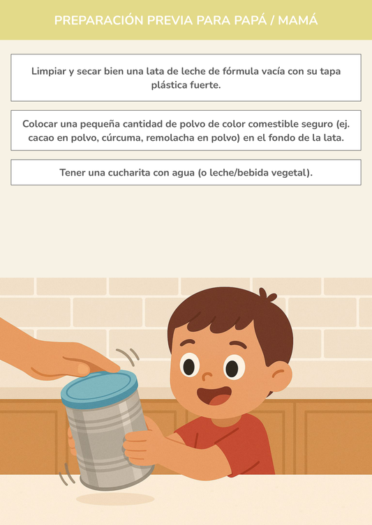 Niño usando torre de aprendizaje mientras realiza la actividad la lata mágica de pintura comestible en la cocina.