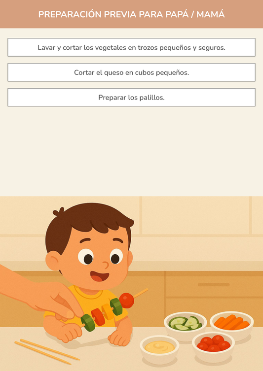 Niño usando torre de aprendizaje mientras realiza la actividad brochetas de vegetales crujientes con dip en la cocina.