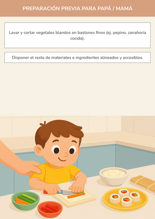 Niño usando torre de aprendizaje mientras realiza la actividad sushi divertido de verduras en la cocina.