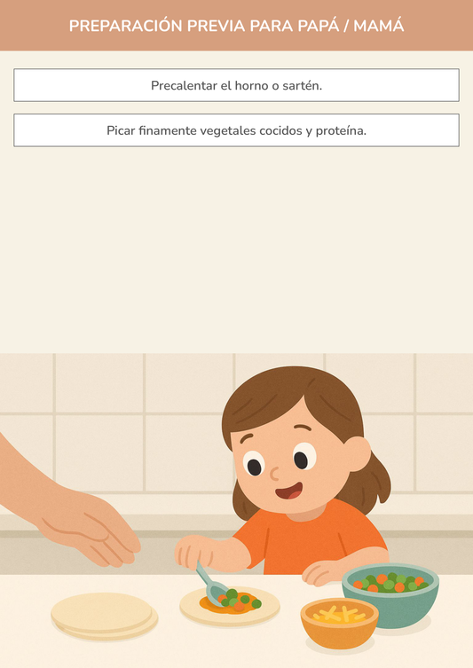 Niño usando torre de aprendizaje mientras realiza la actividad mi primer chef de tortilla en la cocina.