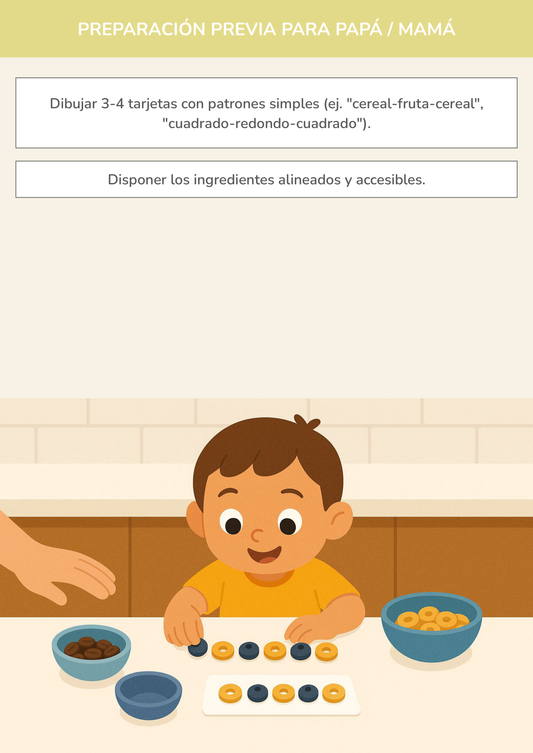 Niño usando torre de aprendizaje mientras realiza la actividad el secreto de los patrones comestibles en la cocina.