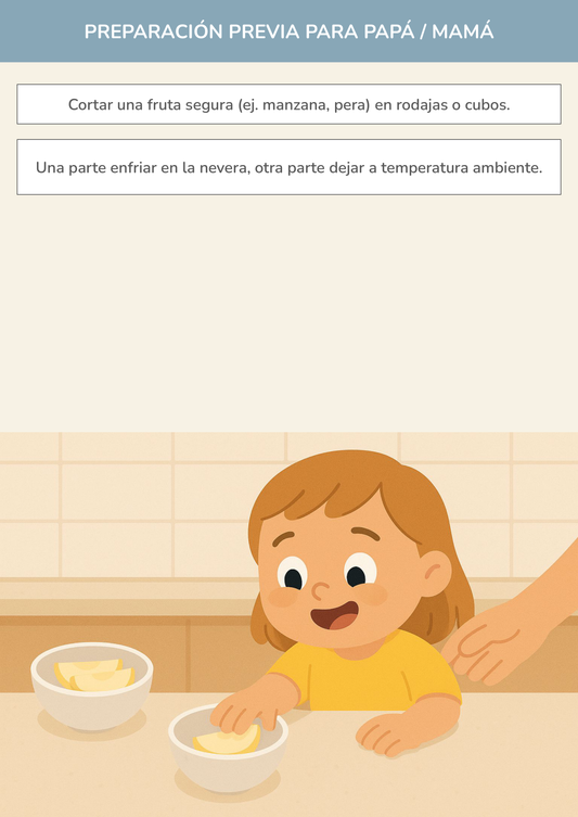 Niño usando torre de aprendizaje mientras realiza la actividad el misterio de la fruta fría y templada en la cocina.