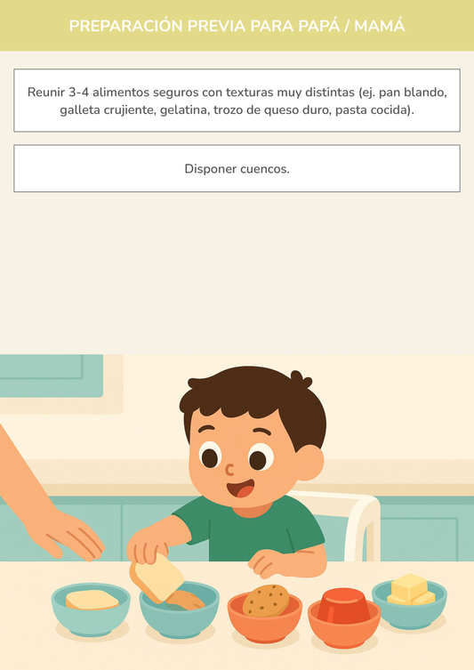 Niño usando torre de aprendizaje mientras realiza la actividad clasificación de texturas de alimentos en la cocina.