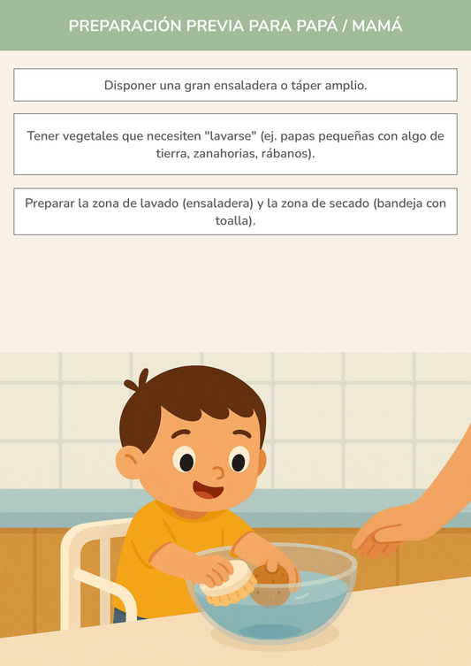 Niño usando torre de aprendizaje mientras realiza la actividad estación de lavado y secado de vegetales en la cocina.