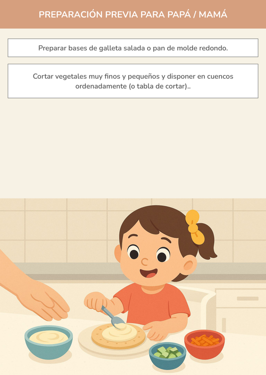 Niño usando torre de aprendizaje mientras realiza la actividad mini pizza de vegetales (sin horno) en la cocina.