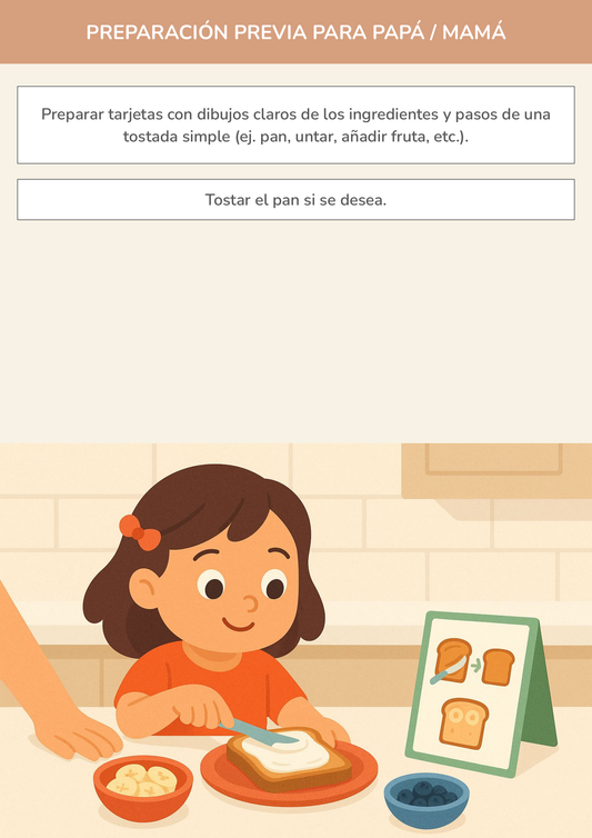 Niño usando torre de aprendizaje mientras realiza la actividad receta visual de tostadas divertidas en la cocina.