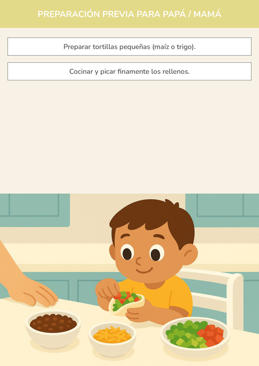 Niño usando torre de aprendizaje mientras realiza la actividad recetas con tacos divertidos en la cocina.