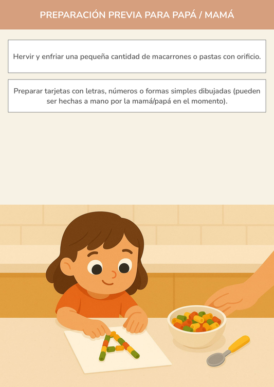 Niño usando torre de aprendizaje mientras realiza la actividad diseñando con pasta: letras y figuras en la cocina.