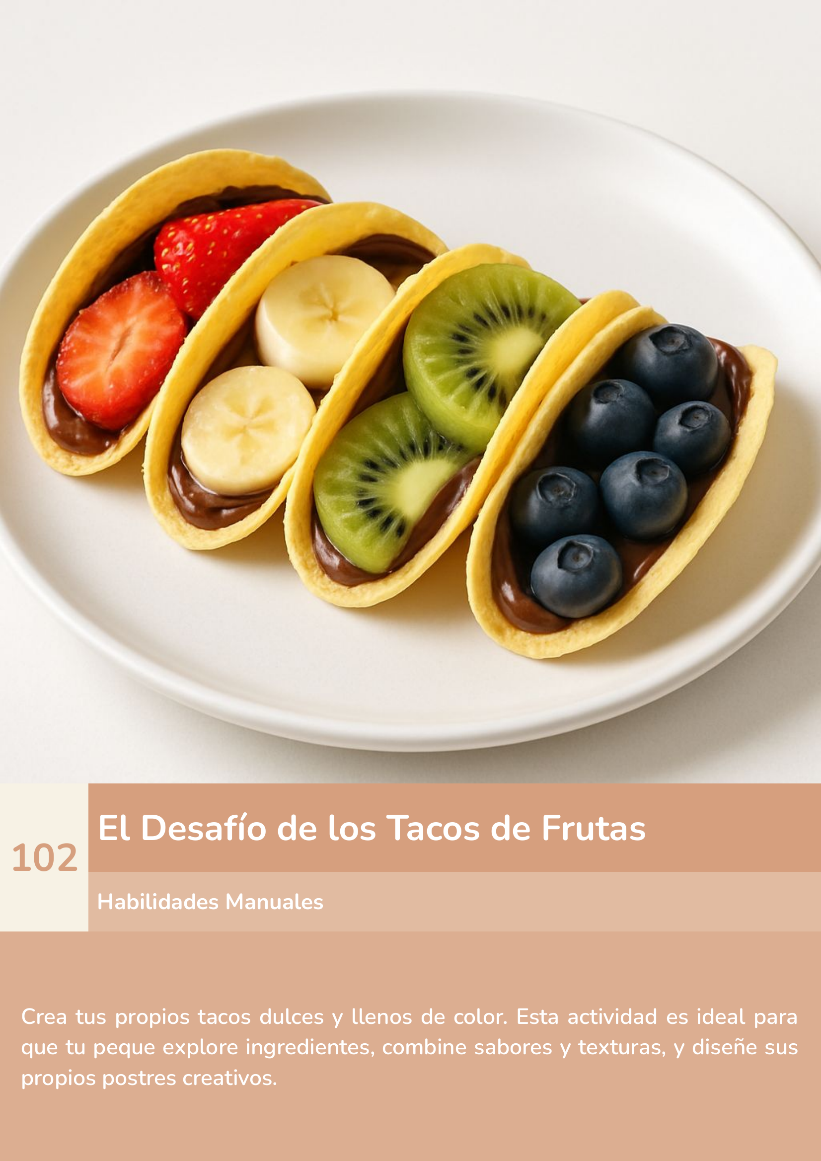 Tacos de fruta rellenos de chocolate, decorados con fresas, plátano, kiwi y arándanos, sobre plato blanco, actividad de cocina divertida ZALU+.