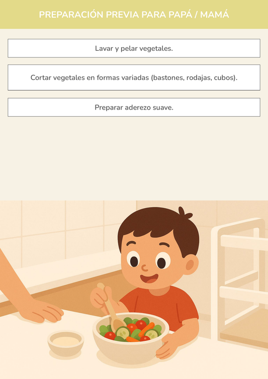 Niño usando torre de aprendizaje mientras realiza la actividad chef de ensaladas creativas en la cocina.