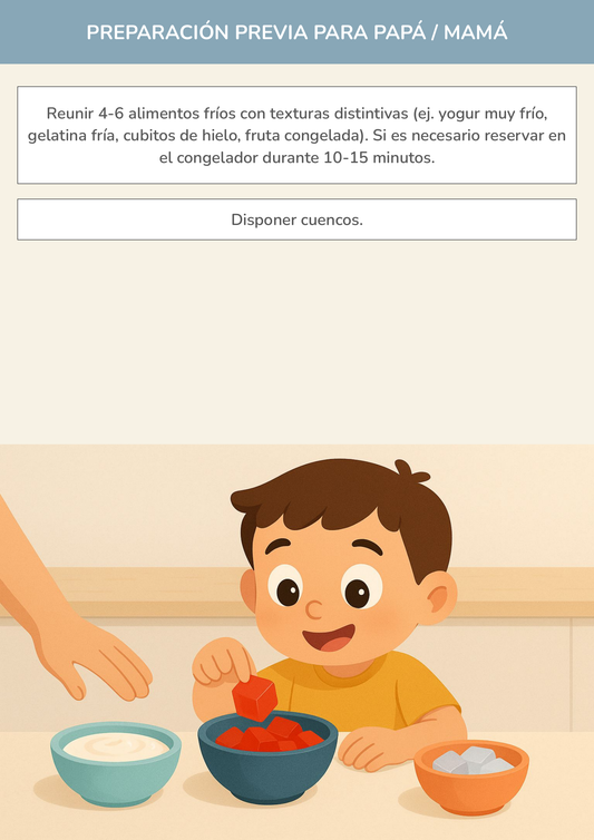 Niño usando torre de aprendizaje mientras realiza la actividad el laboratorio de texturas frías en la cocina.