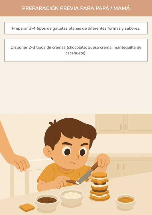 Niño usando torre de aprendizaje mientras realiza la actividad torres de sabores con galletas (avanzado) en la cocina.