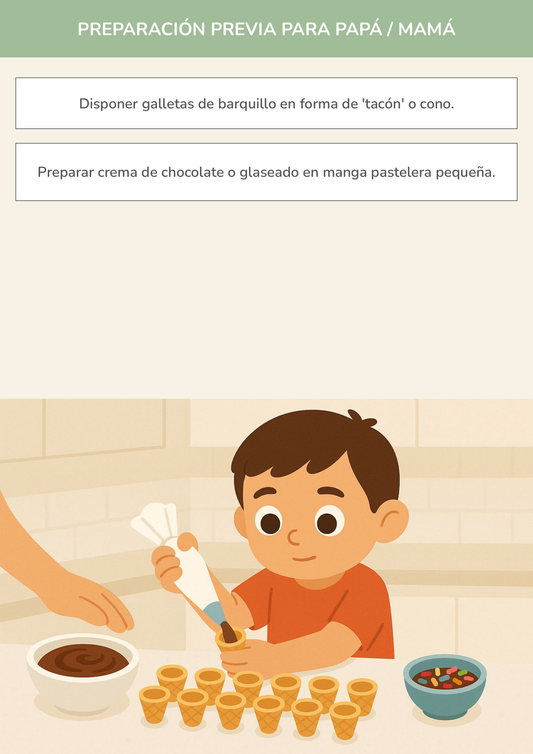 Niño usando torre de aprendizaje mientras realiza la actividad rellenando tacones de galleta (chef experto) en la cocina.
