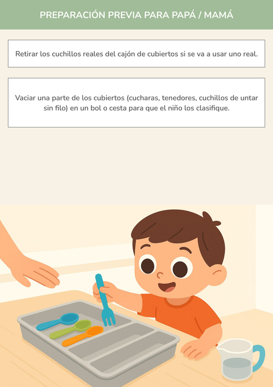 Niño usando torre de aprendizaje mientras realiza la actividad organizando el cajón de cubiertos del chef en la cocina.