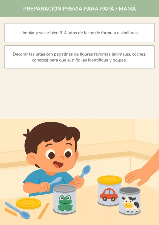 Niño usando torre de aprendizaje mientras realiza la actividad batería de tambores reciclados en la cocina.