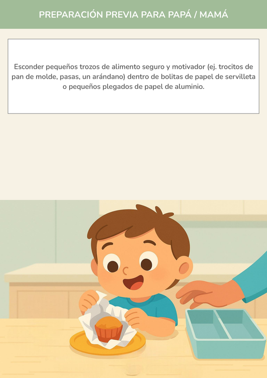 Niño usando torre de aprendizaje mientras realiza la actividad el tesoro escondido en papel en la cocina.