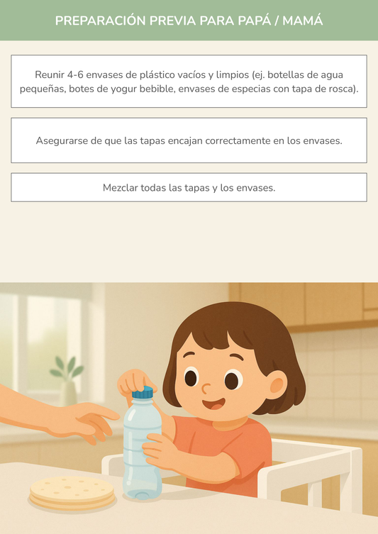 Niño usando torre de aprendizaje mientras realiza la actividad el desafío de las tapas encontradas en la cocina.