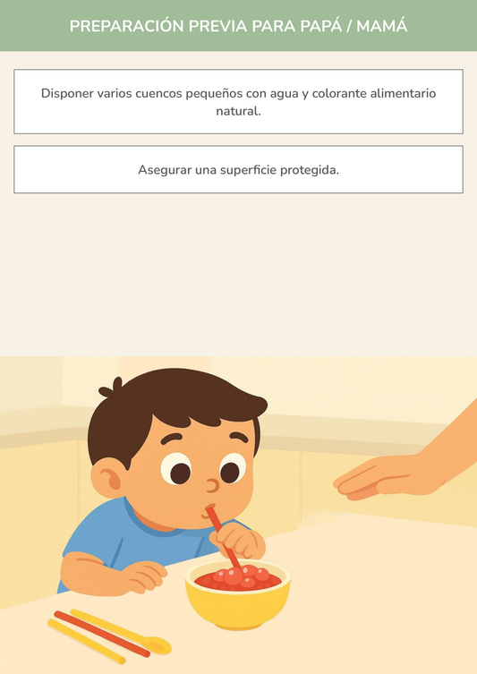Niño usando torre de aprendizaje mientras realiza la actividad carrera de burbujas de colores en la cocina.