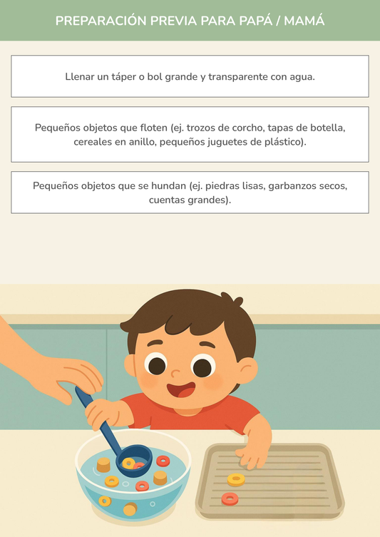 Niño usando torre de aprendizaje mientras realiza la actividad pesca de tesoros flotantes en la cocina.