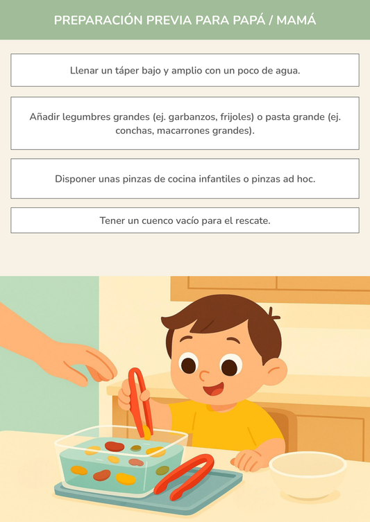 Ilustración de niño usando pinzas para sacar legumbres de un táper con agua, actividad de motricidad fina y juego sensorial ZALU.