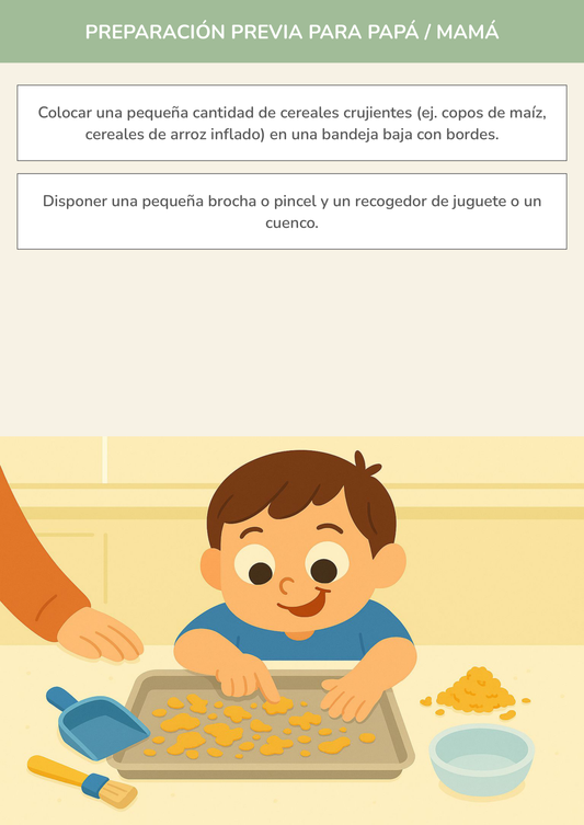 Niño usando torre de aprendizaje mientras realiza la actividad desarmando el cereal crujiente en la cocina.
