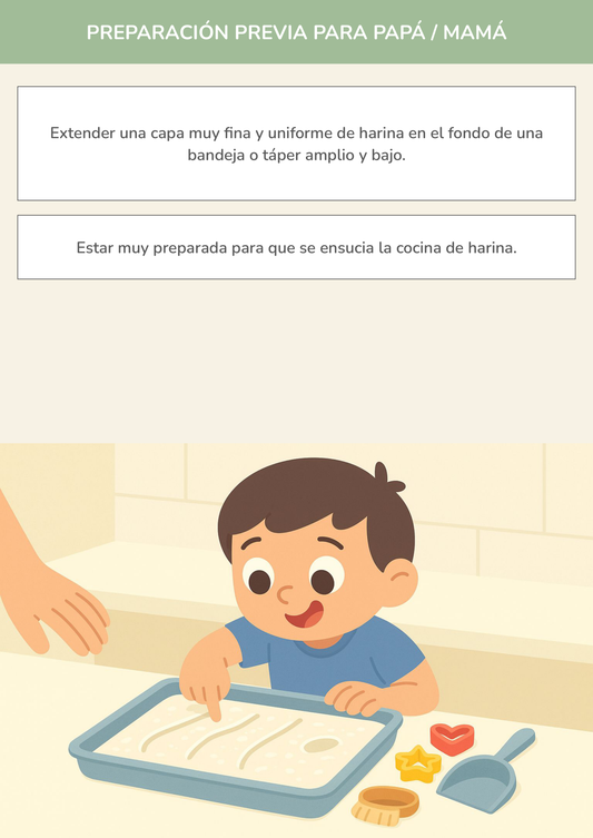 Niño usando torre de aprendizaje mientras realiza la actividad juego de trazos en el desierto de harina en la cocina.