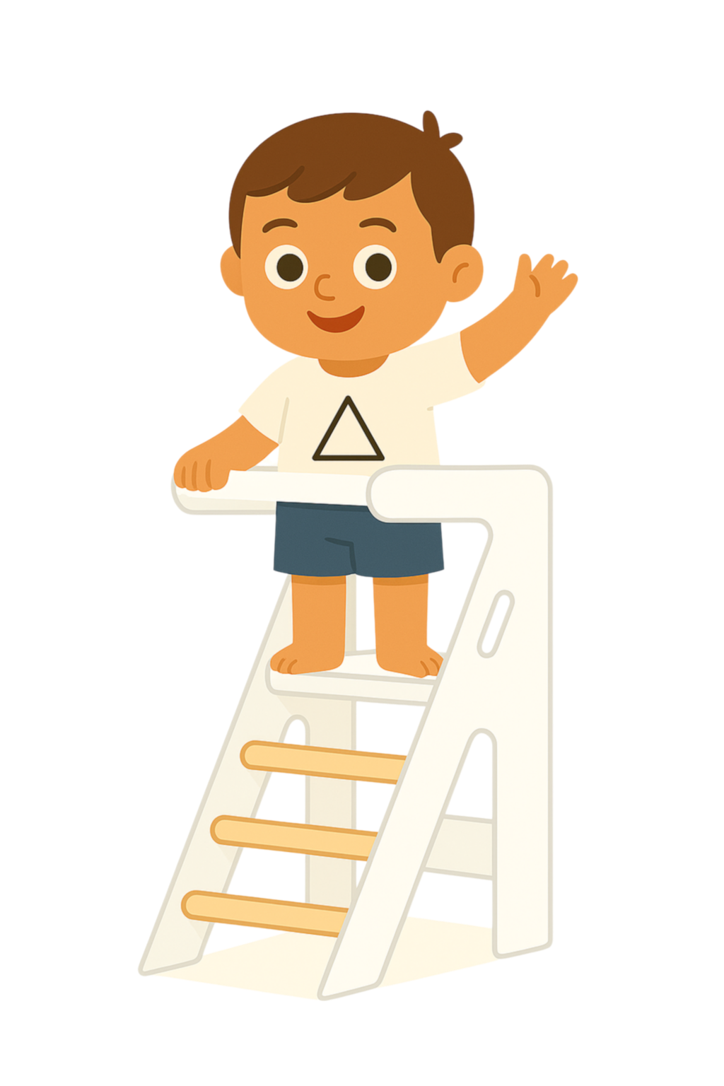 ilustración de niño sobe la torre de aprendizaje zalu sonriendo y saludando