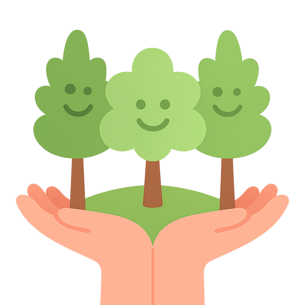 Ilustración de manos sosteniendo tres árboles sonrientes, compromiso ZALU con la madera certificada y el medio ambiente.