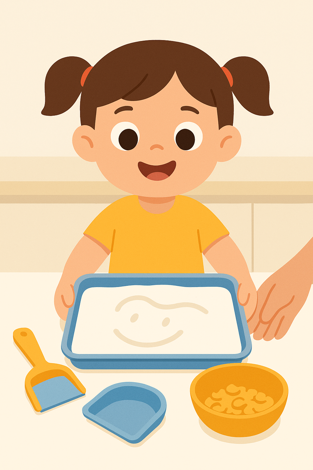 Niña explorando una bandeja con harina y utensilios sensoriales como parte de una actividad de exploración sensorial y lenguaje ZALU+.