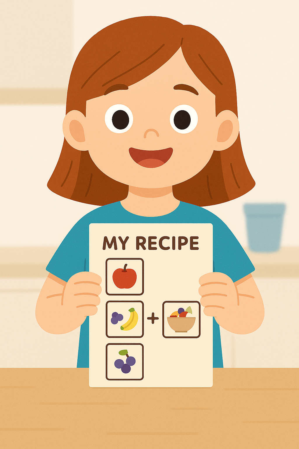 Niña mostrando una hoja de recetas ilustrada, como parte de una actividad de habilidades cognitivas ZALU+.