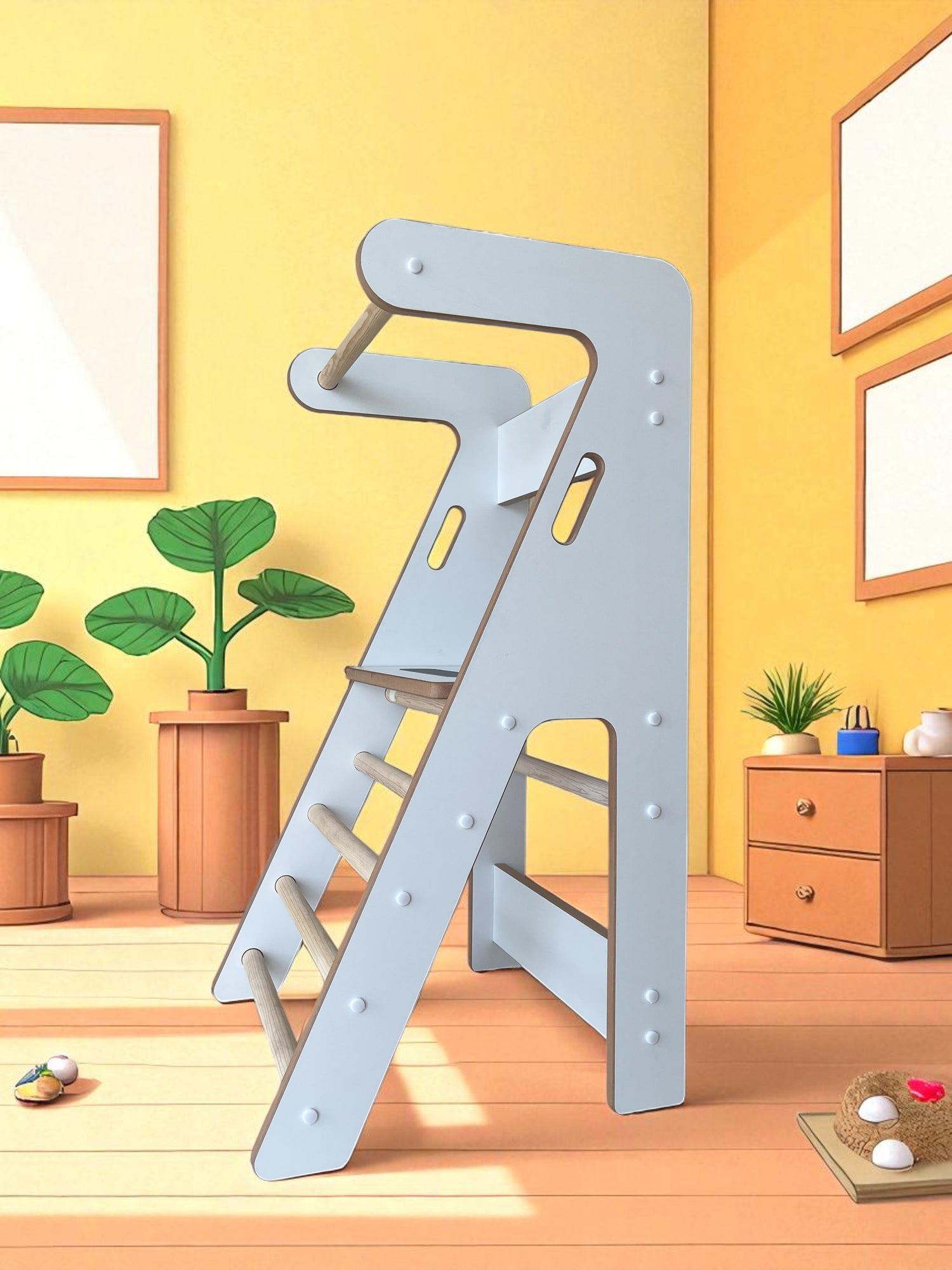 Ilustración digital de la Torre Compacta ZALU en espacio interior luminoso con plantas decorativas.