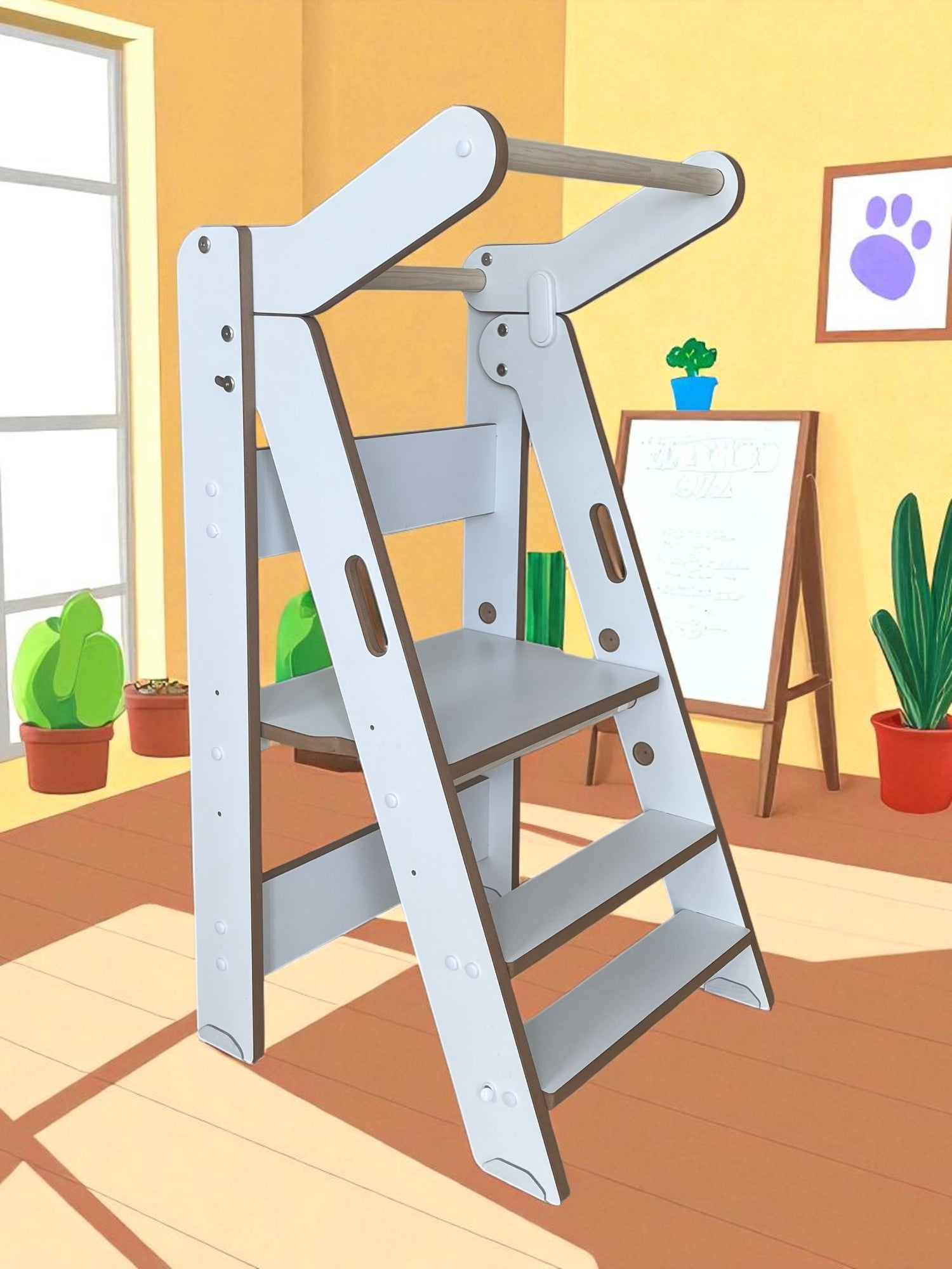 Ilustración digital de la Torre Plegable ZALU en ambiente cálido con plantas y pizarrón al fondo.