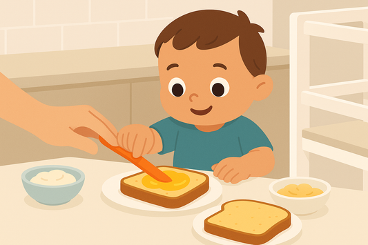 ilustración de niño realizando una actividad del programa zalu+ en la cocina con su torre de aprendizaje