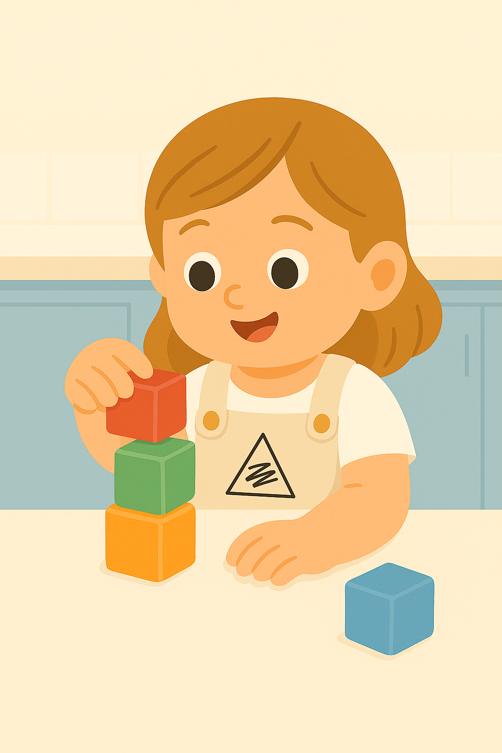 Ilustración de niña apilando cubos de colores en la mesa de la cocina, acompañada de un adulto, representando la categoría 2-3.5 años del programa ZALU+.