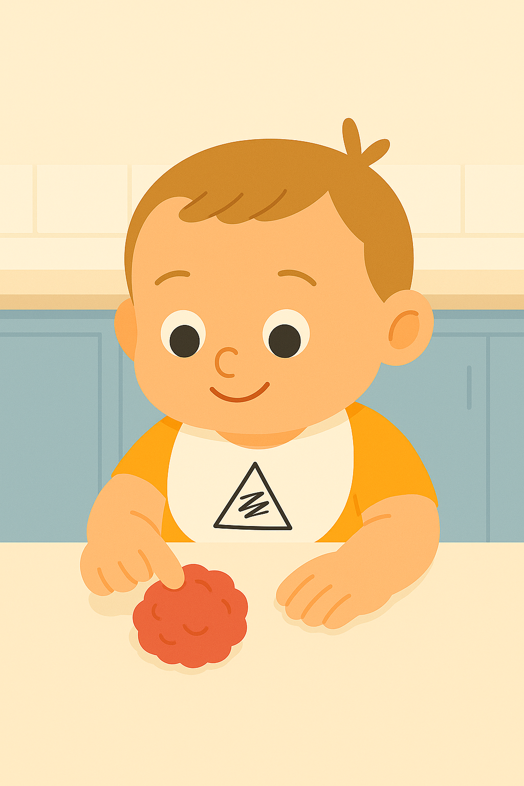 Ilustración de niño pequeño amasando masa sensorial en la cocina junto a un adulto, representando la categoría 1-2 años del programa ZALU+.