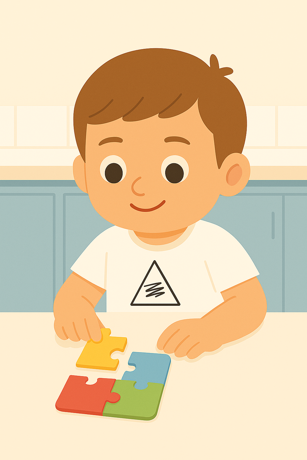 Ilustración de niño mayor resolviendo un rompecabezas sobre la mesa, representando la categoría 3.5-6 años del programa ZALU+.
