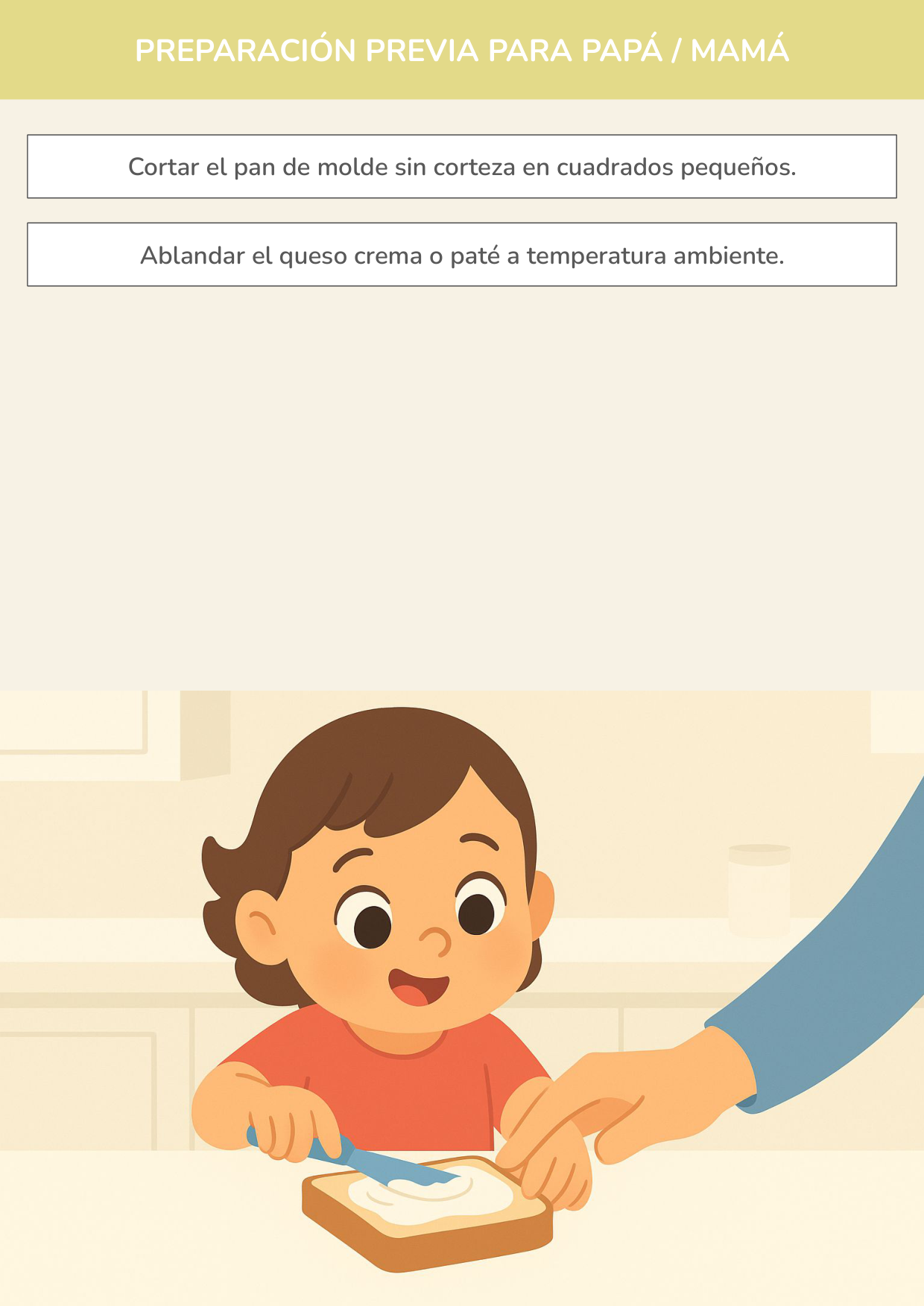 Niño usando torre de aprendizaje mientras realiza la actividad torres blandas de pan y crema en la cocina.