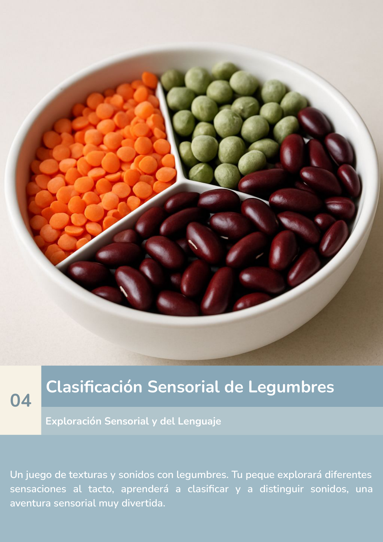 Torre de aprendizaje Montessori, actividad clasificación sensorial de legumbres.