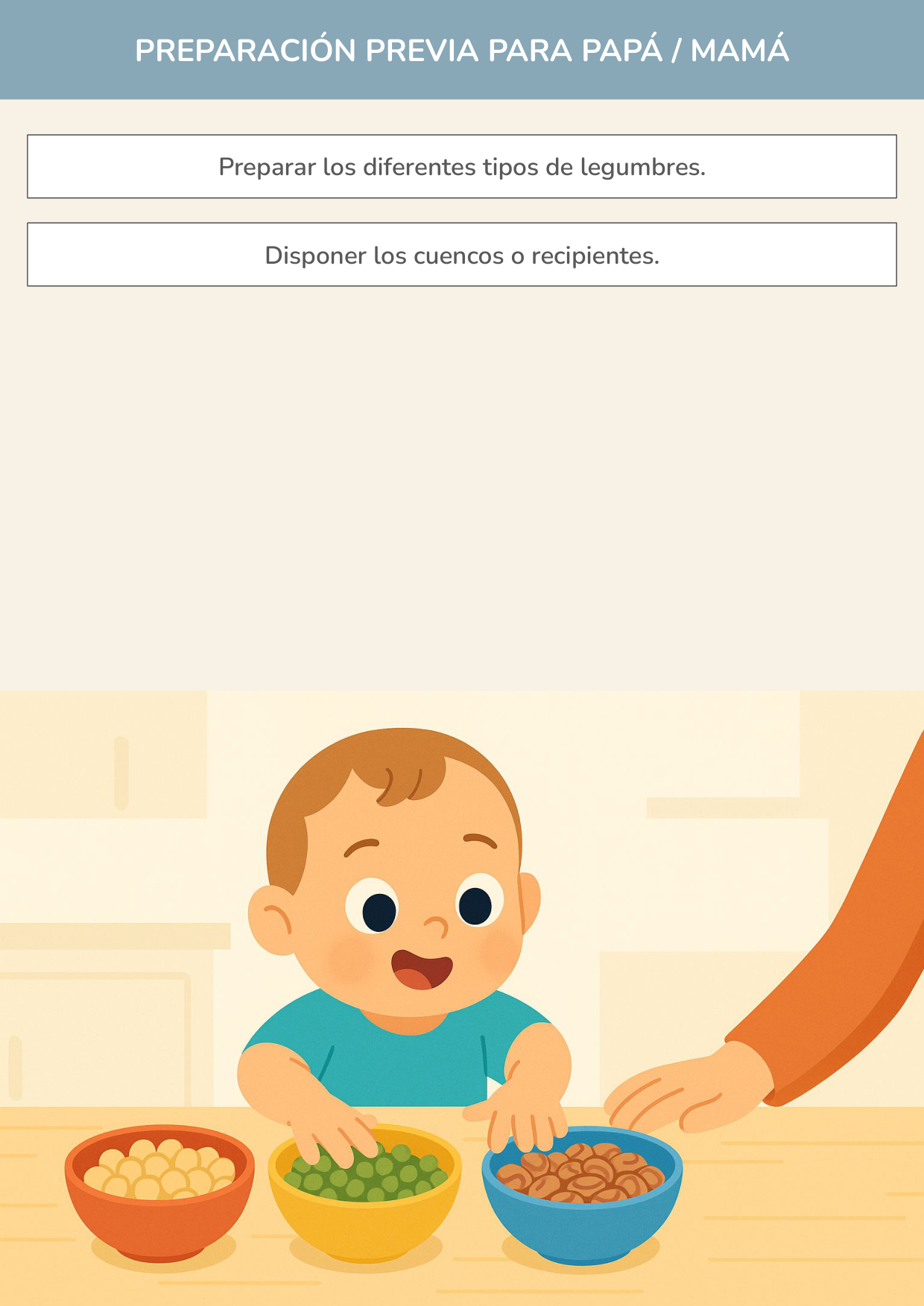Niño usando torre de aprendizaje mientras realiza la actividad clasificación sensorial de legumbres en la cocina.