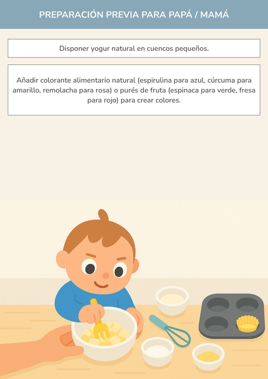 Torre de aprendizaje Montessori, actividad colores comestibles con yogur.