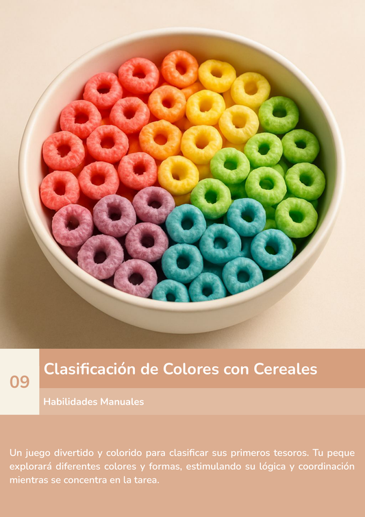 Torre de aprendizaje Montessori, actividad clasificación de colores con cereales.