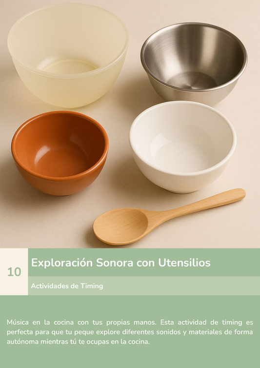 Torre de aprendizaje Montessori, actividad exploración sonora con utensilios.