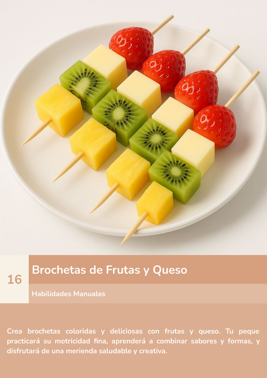 Torre de aprendizaje Montessori, actividad brochetas de frutas y queso.