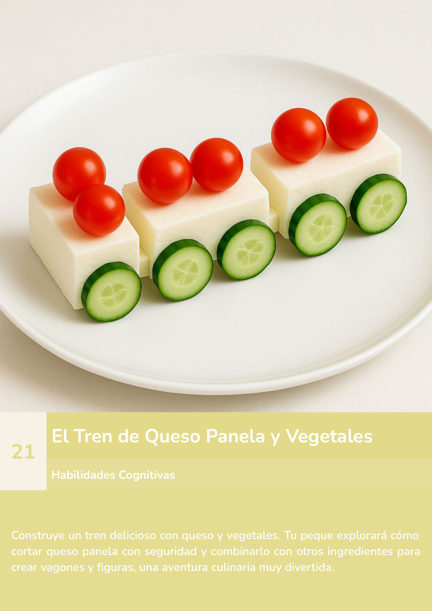 Torre de aprendizaje Montessori, actividad el tren de queso y vegetales.